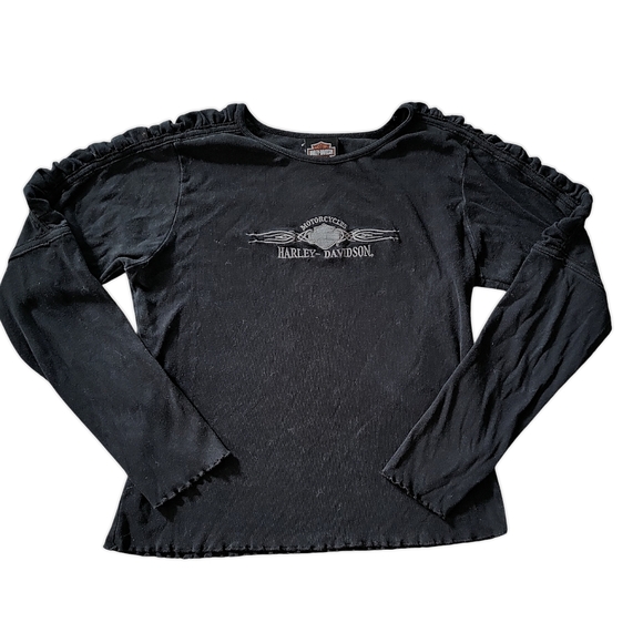 Vintage Harley-Davidson Ruffle Sleeve Long Sleeve Tee | Y2K Grunge Biker Babe - Picture 2 of 4
